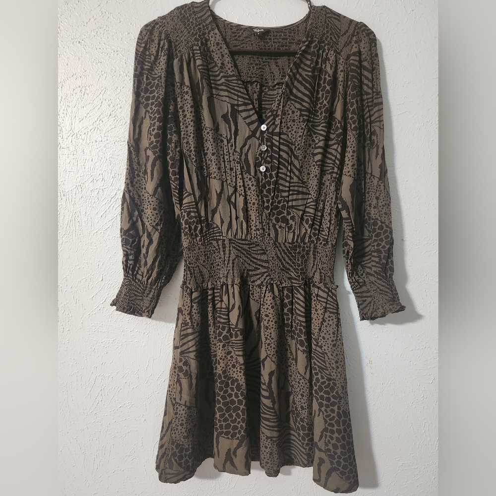Rails Zana Dress Olive Mixed Animal Leopard Stripe Rayon Smocked Waist